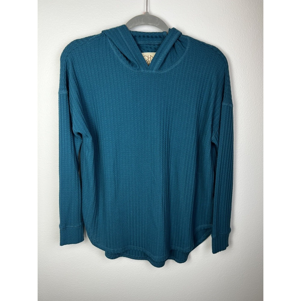Chaser Womens Hoodie Size XS Thermal Waffle Teal Blue Long Sleeve Pullover